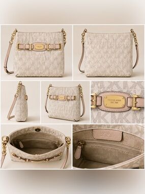 Michael Kors MK Signature Logo Crossbody Shoulder Bag Beige Blush Gold Hardware